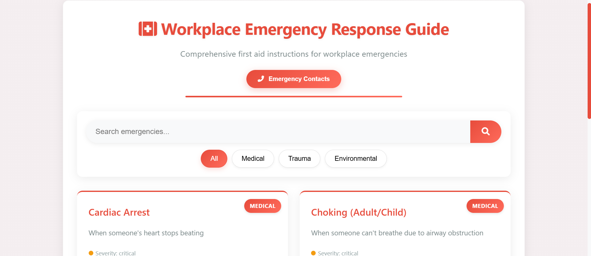 Workplace First Aid application interface