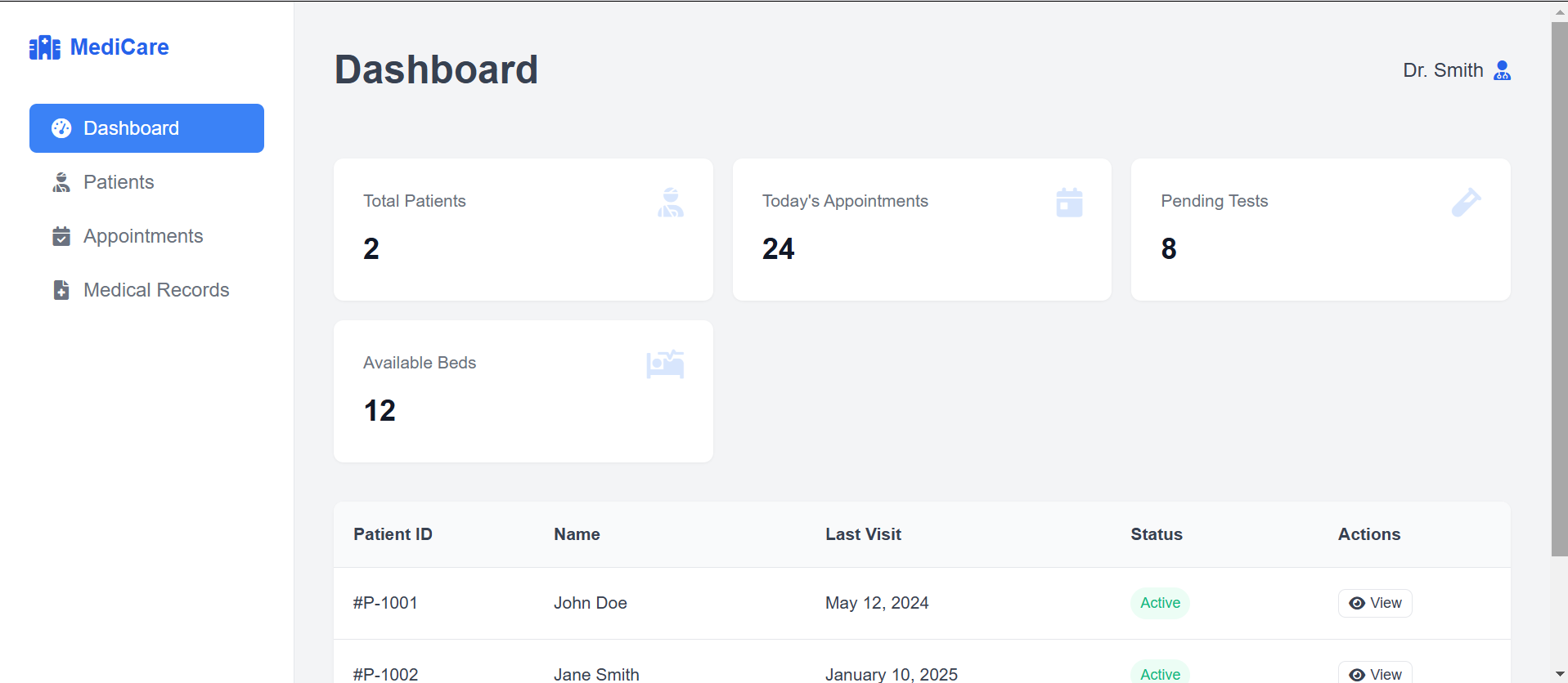 Hospital Patient Management system interface