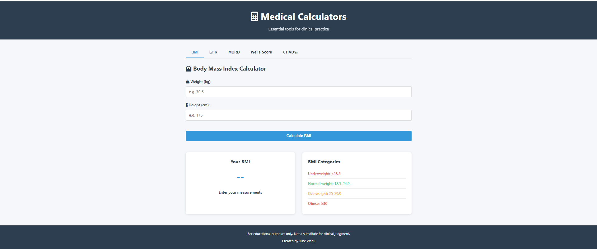 Medical Calculator interface showing calculations